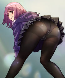 Rule 34 | 10s, 1girl, ass, bent over, black pantyhose, blush, cameltoe, come hither, from behind, gridman universe, grin, looking at viewer, looking back, ooshima aki, panties, panties under pantyhose, pantyhose, pink hair, red eyes, school uniform, shinjou akane, shiny clothes, short hair, skirt, smile, solo, ssss.gridman, thighband pantyhose, underwear, upskirt