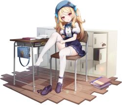 Rule 34 | 1girl, bag, beret, blonde hair, blue bow, blue skirt, blush, book, book stack, bow, bowtie, brown footwear, chips (food), desk, eversoul, food, full body, game cg, hair between eyes, hair bow, hat, juliet sleeves, locker, long sleeves, looking at viewer, manon (eversoul), medium hair, non-web source, official alternate costume, official alternate hairstyle, official art, open book, parted lips, petite, potato chips, puffy sleeves, putting on legwear, red eyes, school desk, school uniform, shirt, shoes, short sleeves, single shoe, sitting, skirt, solo, tachi-e, thighhighs, transparent background, twintails, white shirt, white thighhighs, wing collar