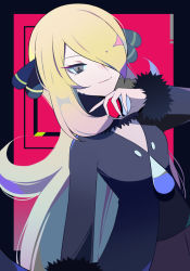 Rule 34 | 1girl, blonde hair, closed mouth, coat, commentary, creatures (company), cynthia (pokemon), eyelashes, fur-trimmed coat, fur trim, game freak, grey eyes, hair ornament, hand up, holding, holding poke ball, long hair, long sleeves, looking at viewer, nintendo, poke ball, poke ball (basic), pokemon, pokemon dppt, sasa kado (redbluemoon74), smile, solo