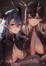 Rule 34 | 2girls, :q, azur lane, bare shoulders, black hair, blue eyes, blue hair, blush, breasts, cleavage, closed mouth, collarbone, golden hind (azur lane), hair between eyes, highres, horns, large breasts, long hair, long sleeves, looking at viewer, mary celeste (azur lane), mole, mole under mouth, multiple girls, paid reward available, parted lips, pointy ears, purple eyes, sea nami, smile, tongue, tongue out