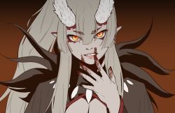 Rule 34 | 1girl, blood, blood on face, blood on hands, borrowed character, brown background, commentary, english commentary, facial mark, fingernails, gogalking, gradient background, grey hair, hair between eyes, hand up, head tilt, highres, horns, iga (okame nin), long hair, looking at viewer, nail polish, orange eyes, original, pointy ears, ponytail, red nails, smile, solo, upper body