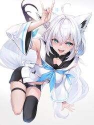 Rule 34 | 1girl, aqua eyes, breasts, cleavage, detached sleeves, grey hair, hololive, omoti (1201208), open mouth, shirakami fubuki, short hair, simple background, smile, solo, virtual youtuber