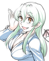 1girl :d bat_wings black_bra bra breasts cleavage fangs female_focus green_hair hair_between_eyes jitsu_wa_watashi_wa large_breasts long_hair long_sleeves looking_at_viewer open_mouth orange_eyes shiragami_youko sidelocks simple_background sketch smile solo tongue ueyama_michirou underwear upper_body vampire white_background wings