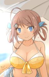 Rule 34 | 1girl, ahoge, beach umbrella, bikini, braid, breasts, brown hair, chougei (kancolle), cleavage, closed mouth, commentary request, curse (023), denim, denim shorts, front-tie bikini top, front-tie top, grey eyes, hair rings, highres, kantai collection, large breasts, long hair, looking at viewer, navel, official alternate costume, orange bikini, outdoors, shorts, smile, solo, swimsuit, twin braids, umbrella, upper body