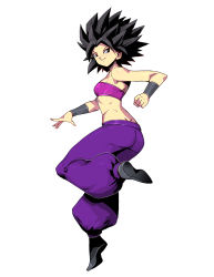 Rule 34 | 10s, 1girl, ass, bandeau, bare shoulders, black eyes, black hair, breasts, caulifla, dragon ball, dragon ball super, female focus, from side, full body, genzoman, harem pants, leg up, looking back, midriff, navel, pants, smile, solo, spiked hair, strapless, tube top, wristband