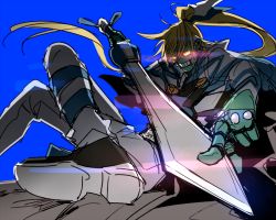 Rule 34 | 1boy, android, blonde hair, clothed robot, guilty gear, guilty gear xrd, male focus, oro (sumakaita), ponytail, robo-ky, robot, simple background, solo, sword, weapon