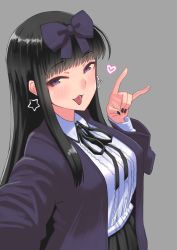 Rule 34 | 1girl, black hair, black ribbon, black skirt, blunt bangs, blush, bow, breasts, collared shirt, commentary request, cookie (touhou), earrings, grey background, hair bow, heart, highres, jacket, jewelry, long hair, looking at viewer, medium breasts, \\n/, neck ribbon, open mouth, outstretched arm, purple bow, purple jacket, ribbon, s ibane, shirt, shunga youkyu, sidelocks, simple background, skirt, solo, star (symbol), star earrings, star sapphire, tongue, tongue out, touhou, upper body, white shirt