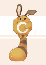 Rule 34 | absurdres, animal focus, arm up, bad id, bad pixiv id, banchiku, blush, brown background, brown eyes, character name, creatures (company), full body, game freak, gen 2 pokemon, highres, japanese text, light blush, nintendo, no humans, open mouth, pokemon, pokemon (creature), salute, sentret, simple background, straight-on, tail stand, translated, two-tone background