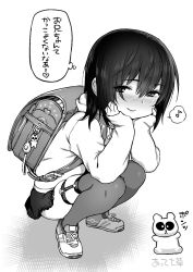 Rule 34 | 1girl, arm support, atte nanakusa, backpack, bag, blush, child, closed mouth, crime prevention buzzer, female focus, full body, greyscale, head rest, highres, hood, hood down, hoodie, legwear garter, long sleeves, looking at viewer, medium hair, monochrome, o-ring, o-ring thigh strap, original, randoseru, seductive smile, shoes, simple background, smile, solo, squatting, thigh strap, thighhighs, white background