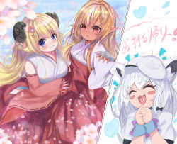 Rule 34 | 3girls, absurdres, animal ears, beret, blonde hair, blue eyes, blush, bow, bowtie, braid, breasts, cherry blossoms, closed eyes, commentary request, cosplay, dress, fox ears, fox girl, hair between eyes, hair ornament, hairclip, hat, highres, higurashi no naku koro ni, hololive, horns, japanese clothes, long hair, medium breasts, miko, multiple girls, open mouth, own hands together, pointy ears, purple bow, purple bowtie, red eyes, ryuuguu rena, ryuuguu rena (cosplay), sheep girl, sheep horns, shirakami fubuki, shiranui flare, sidelocks, single braid, small breasts, soma443, translation request, tsunomaki watame, virtual youtuber, wavy mouth, white dress, white hair, white headwear
