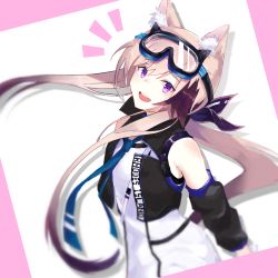 Rule 34 | 1girl, :d, absurdres, animal ear fluff, animal ears, arknights, bare shoulders, black sleeves, black vest, blue necktie, brown hair, cardigan (arknights), clothes lift, detached sleeves, dog ears, genieko, goggles, goggles on head, highres, long hair, looking at viewer, multicolored hair, necktie, notice lines, open mouth, pink background, purple eyes, shirt, sidelocks, simple background, smile, solo, streaked hair, teeth, two-tone background, two-tone hair, upper teeth only, very long hair, vest, white background, white shirt