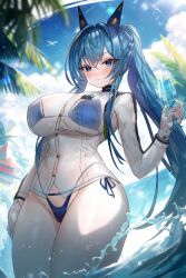Rule 34 | 1girl, 7 n, bikini, bikini under clothes, blue bikini, blue eyes, blue hair, blush, breasts, closed mouth, cup, curvy, gloves, goddess of victory: nikke, helm (aqua marine) (nikke), helm (nikke), high ponytail, highres, holding, holding cup, large breasts, long hair, looking at viewer, official alternate costume, ponytail, see-through, see-through shirt, shirt, solo, swimsuit, thick thighs, thighs, wet, wet clothes, wet jacket, wet shirt, white gloves, white shirt, wide hips