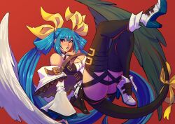 Rule 34 | 1girl, angel wings, asymmetrical wings, bare shoulders, black thighhighs, blue hair, bow, breasts, cleavage, detached sleeves, dizzy (guilty gear), guilty gear, guilty gear xrd, hair ribbon, hair rings, hellajimmies, highres, large breasts, long hair, looking at viewer, monster girl, red background, red eyes, ribbon, tail, tail bow, tail ornament, tail ribbon, thighhighs, very long hair, white footwear, white sleeves, wings, yellow ribbon
