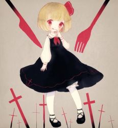 Rule 34 | 1girl, adapted costume, alternate costume, bad id, bad twitter id, black dress, blonde hair, bloomers, blush, bow, cross, dress, fork, full body, grey background, hair bow, hair ornament, knife, long sleeves, looking at viewer, pantyhose, red eyes, rumia, shoes, short hair, simple background, smile, solo, tongue, tongue out, touhou, underwear, white pantyhose, yujup