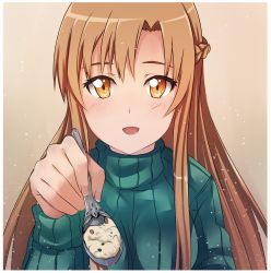 Rule 34 | 10s, 1girl, asuna (sao), blush, braid, breasts, brown eyes, brown hair, feeding, incoming food, long hair, looking at viewer, open mouth, pov, ribbed sweater, smile, solo, spoon, sweater, sword art online, turtleneck, tusia, upper body