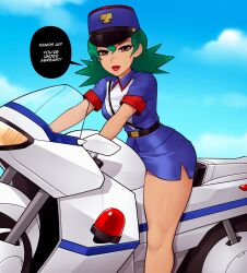Rule 34 | 1girl, belt, belt buckle, black belt, blue hat, blue shirt, blue skirt, blue sky, brown eyes, buckle, cloud, collared shirt, creatures (company), english text, feet out of frame, female focus, game freak, green hair, hair between eyes, hat, highres, jenny (pokemon), lips, lipstick, long hair, loodncrood, looking at viewer, makeup, medium hair, miniskirt, motor vehicle, motorcycle, nintendo, on motorcycle, outdoors, parted lips, pencil skirt, pokemon, pokemon (anime), pokemon (classic anime), police, police hat, police uniform, policewoman, red lips, shirt, short hair, short sleeves, side slit, skirt, sky, solo, speech bubble, thighs, uniform