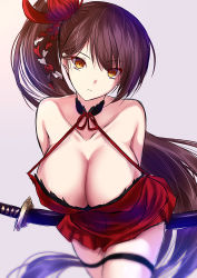 Rule 34 | 1girl, akeyama kitsune, azur lane, bare shoulders, breasts, brown eyes, brown hair, cleavage, closed mouth, downblouse, dress, gradient background, hair ornament, katana, large breasts, leaning forward, long hair, looking at viewer, no bra, red dress, side ponytail, solo, standing, sword, thighs, weapon, zuikaku (azur lane)