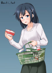 Rule 34 | 1girl, anti (untea9), basket, black hair, blue eyes, blush, breasts, collarbone, commentary, cowboy shot, cup ramen, gradient background, hair down, hair ornament, hairclip, highres, holding, holding basket, instant ramen, kantai collection, long skirt, looking at viewer, medium breasts, open mouth, ribbed sweater, shopping basket, skirt, solo, souryuu (kancolle), standing, sweatdrop, sweater, twitter username, white sweater