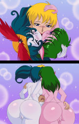 Rule 34 | 1boy, 2girls, :&gt;, absurdres, ass, bishoujo senshi sailor moon, blonde hair, blue eyes, blush, colored skin, completely nude, curvy, demon girl, erection, ffm threesome, fingernails, grabbing another&#039;s ass, green hair, group kiss, group sex, handjob, hetero, highres, hug, huge ass, imminent penetration, kiss, long hair, looking at another, moaning, monster girl, multiple girls, nude, penis, penis grab, pink skin, pointy ears, pussy, scar (sailor moon), short hair, star-shaped pupils, star (symbol), symbol-shaped pupils, threesome, triple kiss, twintails, uchoten (sailor moon), uncensored, white skin, wide hips, yellow headwear