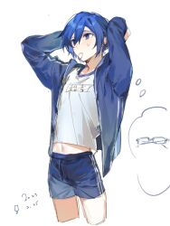 Rule 34 | 1boy, arms up, blue eyes, blue hair, blue jacket, chinese commentary, commentary request, dated, glasses, hair tie in mouth, highres, jacket, kaito (vocaloid), kazemi arashi, long sleeves, male focus, midriff peek, mouth hold, navel, short hair, shorts, solo, thought bubble, tying hair, vocaloid, white background