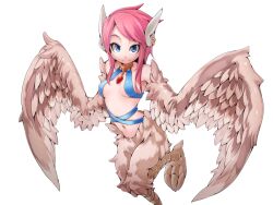 Rule 34 | 1girl, bird legs, blue eyes, blush, breasts, brown feathers, brown wings, choker, earrings, feather hair, feathered wings, feathers, frfr, game cg, harpy, jewelry, looking at viewer, mon-musu quest!, monster girl, multicolored hair, navel, non-web source, pendant choker, pink hair, reina (mon-musu quest!), short hair with long locks, sidelocks, small breasts, smile, solo, talons, transparent background, winged arms, wings