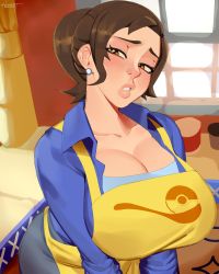 Rule 34 | 1girl, absurdres, apron, blush, breast focus, breasts, brown hair, cleavage, collared shirt, creatures (company), earrings, game freak, highres, huge breasts, jewelry, kitchen, lips, mature female, medium hair, mother (pokemon), nezulet, nintendo, open mouth, paldea mother, parted bangs, parted lips, pokemon, pokemon sv, ponytail, shirt, short ponytail, solo, thick lips, yellow apron