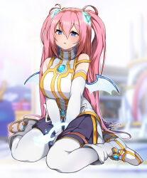 Rule 34 | 1girl, absurdres, angelic buster, bare shoulders, between legs, blue eyes, blue gemstone, blue horns, blue pupils, blue wings, blurry, blurry background, blush, boots, bow, breasts, brooch, catch (tkjv4228), dragon girl, dragon horns, dragon wings, elbow gloves, eyelashes, full body, gem, gloves, hair between eyes, hair bow, hand between legs, highres, horns, jewelry, korean commentary, large breasts, long bangs, long hair, maplestory, mini wings, miniskirt, multiple hair bows, open mouth, outline, parted bangs, parted lips, pink hair, pleated skirt, purple skirt, shirt, sitting, skirt, sleeveless, sleeveless shirt, solo, thighhighs, turtleneck, twintails, two-tone wings, two side up, very long hair, wariza, white bow, white footwear, white gloves, white outline, white shirt, white wings, wings, zettai ryouiki