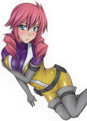 Rule 34 | 00s, 1girl, belt, blue eyes, blush, bodysuit, boots, breasts, cleavage, elbow gloves, feldt grace, gloves, grey thighhighs, gundam, gundam 00, large breasts, metadora, pink hair, solo, thigh boots, thighhighs, utility belt