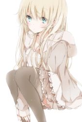 Rule 34 | 1girl, between legs, black thighhighs, blonde hair, blue eyes, blush, coat, expressionless, hand between legs, hiro (hirohiro31), hood, hood down, invisible chair, long hair, long sleeves, original, pale color, simple background, sitting, skirt, solo, thighhighs, white background