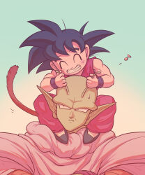 Rule 34 | 2boys, ^ ^, antennae, black footwear, black hair, blue background, blush, cape, carrying, child, closed eyes, closed mouth, colored skin, commentary request, crossed arms, dougi, dragon ball, dragonball z, frown, gradient background, green skin, grin, highres, koukyouji, male focus, monkey tail, multiple boys, musical note, namekian, pants, piccolo, pointy ears, purple wristband, red pants, shoes, shoulder carry, shoulder pads, simple background, smile, son gohan, spiked hair, sweatdrop, tail, teeth, time paradox, upper body, white cape, wristband