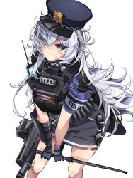 1girl :3 ammunition_pouch arm_armor armband armor assault_rifle bandaid bandaid_on_knee bandaid_on_leg baton_(weapon) black-framed_eyewear black_armor black_skirt blue_cape blue_gloves blue_hair blue_sleeves bulletproof_vest cape checkered_armband checkered_hat chinese_commentary closed_mouth commentary_request crossed_bangs english_text eyewear_hang feet_out_of_frame from_above glasses gloves goddess_of_victory:_nikke gun hair_over_one_eye hat head_tilt holding_baton_(weapon) jibage light_blush long_hair looking_at_viewer looking_to_the_side looking_up loose_hair_strand messy_hair parted_bangs peaked_cap pencil_skirt petite poli_(nikke) police police_badge police_hat police_uniform policewoman pouch rifle short_sleeves shoulder_armor simple_background single_sidelock sitting skirt solo strap unworn_eyewear very_long_hair walkie-talkie weapon white_armband white_background white_hair