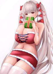 Rule 34 | 1girl, absurdres, alternate costume, azur lane, bare shoulders, box, breasts, christmas, cleavage, formidable (azur lane), fur-trimmed skirt, fur trim, gift, gift box, gintokyhenry, highres, holding, holding box, huge breasts, long hair, looking at viewer, microskirt, platinum blonde hair, red eyes, red ribbon, red skirt, ribbon, simple background, skirt, solo, thighhighs, two-tone ribbon, very long hair, white background, white ribbon, white thighhighs