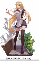 Rule 34 | 1girl, alternate costume, blonde hair, blue eyes, breasts, character name, cleavage, cleavage cutout, clothing cutout, doren, dress, enmaided, enterprise (warship girls r), frills, full body, glass, hand on own hip, highres, long hair, looking at viewer, maid, maid headdress, mary janes, shoes, short dress, solo, thighhighs, tray, underbust, very long hair, walking, warship girls r, wrist cuffs, zettai ryouiki
