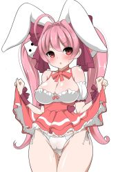 Rule 34 | 1girl, animal ears, bad id, bad twitter id, blush, breasts, cameltoe, cleavage, clothes lift, di gi charat, dice, dress, dress lift, female focus, hair ornament, highres, kyokutou hentai samurai, large breasts, long hair, open mouth, panties, pink eyes, pink hair, rabbit ears, ribbon, side-tie panties, simple background, solo, thigh gap, twintails, underwear, usada hikaru, very long hair, white background, white panties