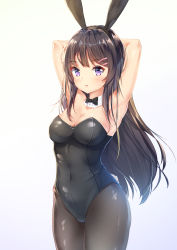 Rule 34 | 10s, 1girl, animal ears, armpits, arms behind head, arms up, bare shoulders, black bow, black bowtie, black hairband, blush, bow, bowtie, breasts, brown hair, brown pantyhose, chahei, cleavage, collar, commentary request, covered navel, detached collar, fake animal ears, hair ornament, hairband, hairclip, highres, leotard, long hair, looking at viewer, medium breasts, pantyhose, parted lips, playboy bunny, purple eyes, rabbit ears, sakurajima mai, seishun buta yarou, solo, strapless, strapless leotard, very long hair, white collar
