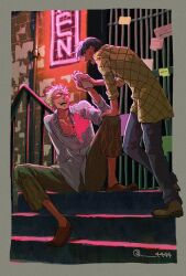 Rule 34 | 2boys, 4444 (tetsuya), aged down, arm up, bars, black hair, blonde hair, blood, blood on clothes, capri pants, checkered clothes, donquixote doflamingo, english text, handkerchief, holding, holding handkerchief, multiple boys, one piece, open mouth, outdoors, pants, road, shirt, short hair, sitting, smile, stairs, standing, street, sunglasses, teeth, twitter username, vergo, white shirt, yellow shirt