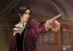 Rule 34 | 1boy, brilcrist, capcom, courtroom, ascot, epic, formal, grey eyes, grey hair, ace attorney, male focus, miles edgeworth, pointing, realistic, solo, speed painting, suit