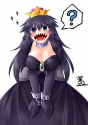 Rule 34 | ?, aotori, black dress, black gloves, black hair, breasts, choker, cleavage, clenched hand, cuffs, dress, earrings, elbow gloves, gloves, handcuffs, highres, jewelry, large breasts, long hair, looking at viewer, mario (series), nintendo, open mouth, princess chain chomp, shackles, sharp teeth, smile, sparkle, super crown, teeth