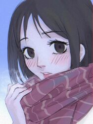 Rule 34 | 1girl, artist name, black eyes, black hair, blue background, breath, commentary, english commentary, hair behind ear, kyuunn, looking at viewer, nichijou, parted bangs, parted lips, pink nails, red lips, red scarf, scarf, shinonome nano, solo, striped clothes, striped scarf