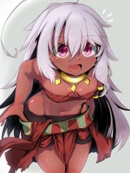 Rule 34 | 1girl, ahoge, bandeau, bike shorts, black shorts, breasts, clothes pull, dark-skinned female, dark skin, fang, highres, jewelry, leaning forward, long hair, miniskirt, navel, necklace, ocha no mae, open mouth, original, pink eyes, pulled by self, red skirt, shorts, shorts under skirt, silver hair, skirt, skirt pull, small breasts, smile, solo, thighs, undressing