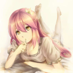 Rule 34 | 1girl, aerlai, crown, downblouse, dress, long hair, lying, mini crown, mouth hold, no shoes, on stomach, pink hair, solo, thighhighs, white thighhighs, yellow eyes