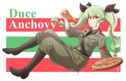 Rule 34 | 1girl, anchovy (girls und panzer), anzio military uniform, artist name, belt, black belt, black footwear, black necktie, black ribbon, black shirt, blouse, boots, character name, cheese trail, closed mouth, commentary, dress shirt, drill hair, eating, floating, food, girls und panzer, green hair, grey pants, hair ribbon, highres, holding, holding tray, jacket, knee boots, long hair, long sleeves, looking at viewer, military, military uniform, necktie, pants, pants tucked in, pizza, pizza slice, red eyes, ribbon, sam browne belt, shao (newton), shirt, signature, smile, solo, tray, twin drills, twintails, uniform, wing collar