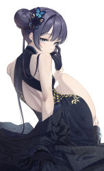Rule 34 | 1girl, absurdres, ass, back cutout, bare shoulders, black dress, black hair, black jacket, blue archive, blush, butterfly hair ornament, china dress, chinese clothes, clothing cutout, double bun, dragon print, dress, from behind, grey eyes, hair bun, hair ornament, highres, jacket, kisaki (blue archive), long hair, looking at viewer, looking back, short hair with long locks, sidelocks, simple background, sleeveless, sleeveless dress, solo, toga (toganawa), twintails