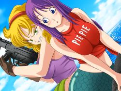 Rule 34 | 2girls, angry, blonde hair, blue eyes, breasts squeezed together, breasts, clenched teeth, cloud, dragon ball, dutch angle, gloves, green eyes, gun, large breasts, long hair, lunch (dragon ball), machine gun, mermaid, mermaid (dragon ball), monster girl, multiple girls, ocean, outdoors, purple hair, sky, teeth, trinitron cg, water, weapon