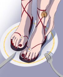 Rule 34 | 1girl, bell, commentary, feet, foot focus, fork, gradient background, grey background, highres, honkai: star rail, honkai (series), jingle bell, nail polish, plate, red nails, sandals, solo, sparkle (honkai: star rail), tionos, toenail polish, toenails
