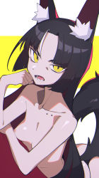 Rule 34 | 1girl, animal ear fluff, animal ears, black hair, breasts, chromatic aberration, collarbone, collarbone piercing, commentary request, fox ears, fox girl, fox tail, highres, long hair, looking at viewer, lower teeth only, lying, milim nova, multicolored hair, nipples, on stomach, open mouth, original, piercing, sharp teeth, short eyebrows, slit pupils, small breasts, solo, streaked hair, tail, tama (milim nova), teeth, tongue, topless, tsurime, v-shaped eyebrows, white hair, yellow eyes