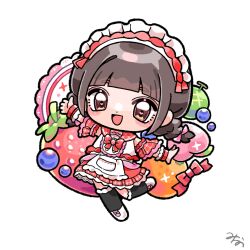 Rule 34 | 1girl, absurdres, apron, blush stickers, bow, braid, brown eyes, brown hair, character request, chibi, detached sleeves, food, fruit, highres, looking at viewer, maid headdress, melon, mika no nijika, open mouth, outstretched arms, peach, sailor collar, short sleeves, skirt, smile, socks, solo, standing, standing on one leg, strawberry, twin braids, wrist cuffs