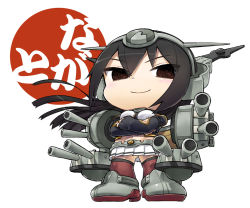 Rule 34 | 10s, 1girl, abua, black hair, blush, boots, breasts, chibi, crossed arms, from below, full body, hairband, headgear, kantai collection, long hair, looking at viewer, midriff, nagato (kancolle), navel, personification, pleated skirt, simple background, skirt, smile, solo, thighhighs, turret, white background