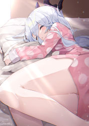 Rule 34 | 1girl, bare legs, blue archive, blush, closed eyes, commentary, eyes visible through hair, feet out of frame, hair between eyes, highres, hina (blue archive), hina (pajamas) (blue archive), horns, hugging object, indoors, koyubita, long hair, long sleeves, lying, on bed, on side, pajamas, parted lips, pillow, pillow hug, pink pajamas, polka dot, polka dot pajamas, signature, silver hair, sleeping, solo