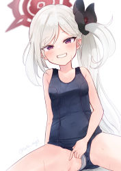 Rule 34 | 1girl, blue archive, blush, halo, highres, looking at viewer, mutsuki (blue archive), old school swimsuit, open mouth, panties under swimsuit, pointy ears, purple eyes, school swimsuit, scrunchie, sese nagi, side ponytail, silver hair, smile, spread legs, sweatdrop, swimsuit, teeth, thighs, twitter username, wet, wet clothes, white background